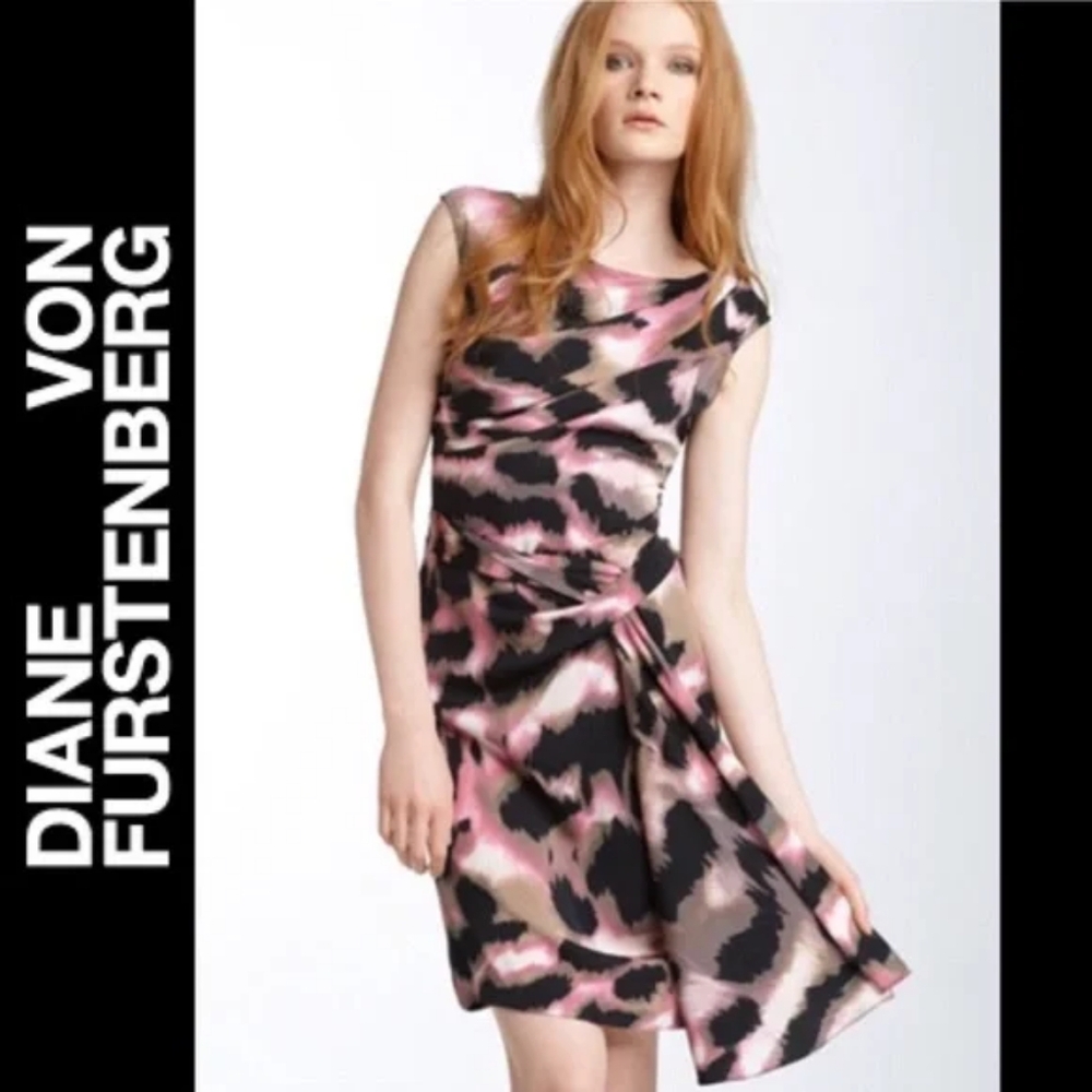 Diane von Furstenberg Pink and Black Draped Silk Dress
